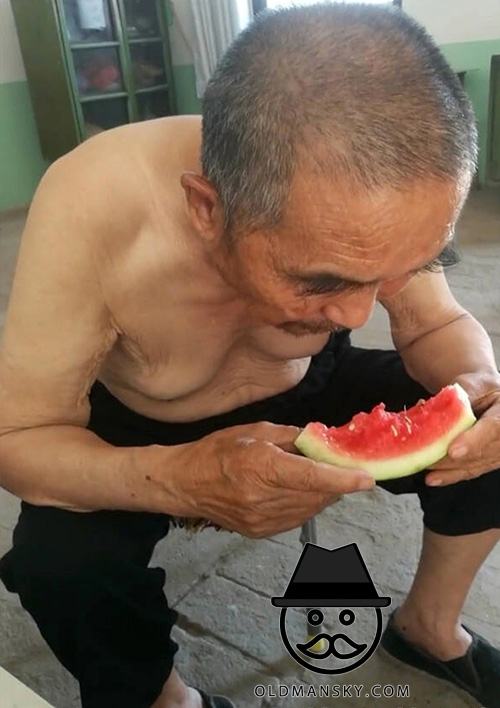 Grandpa was eating watermelon in the house
