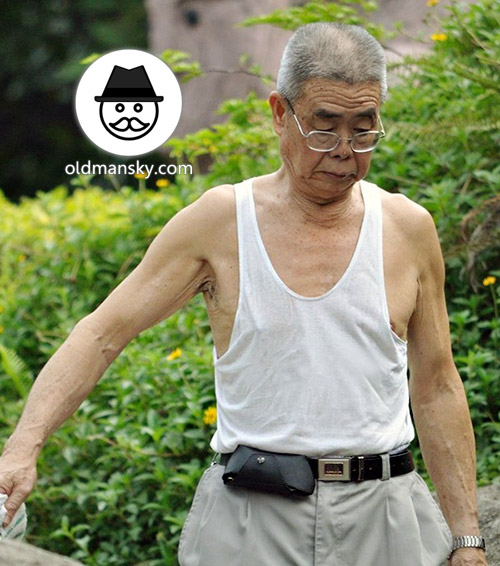 Thin glasses old man wore white vest undershirt and middle pants went ...