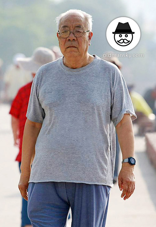 White hair glasses old man wore grey shirt walked in the morning_04