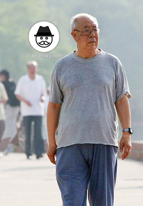 White hair glasses old man wore grey shirt walked in the morning_03