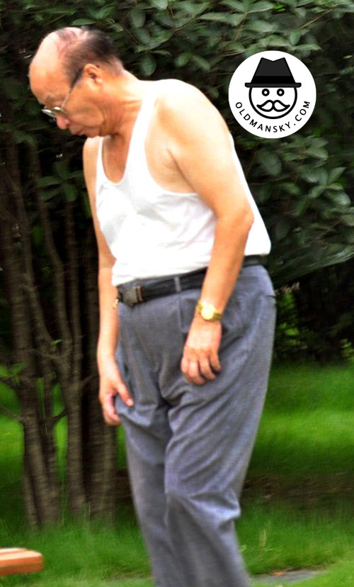 Three old men wore white vest undershirt did exercise in the park