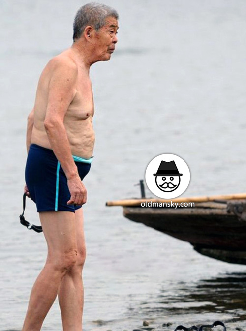 Thin old man went swimming by the river