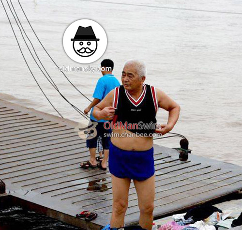White hair old man in a brown underwear went swimming by the river