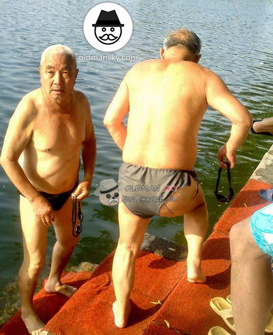 Two old men went swimming in the park lake